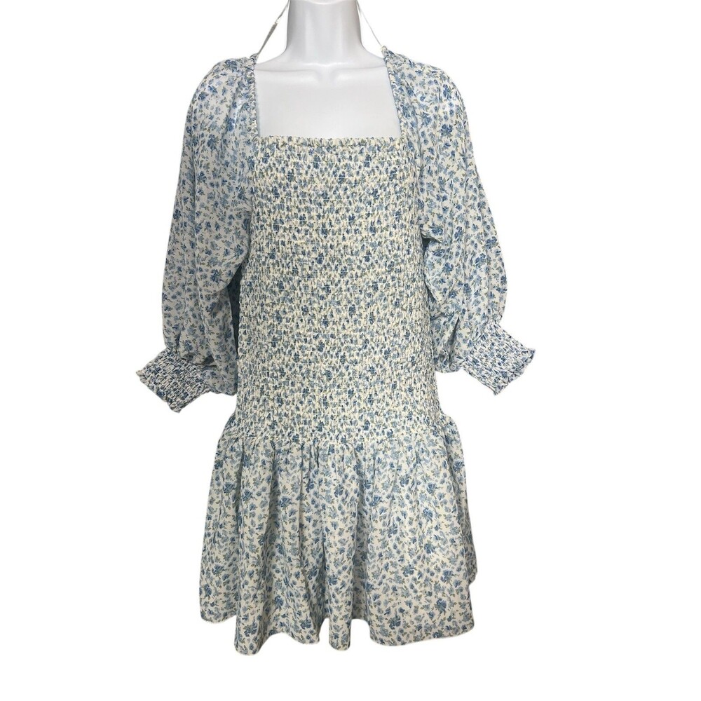 Forever 21 Mini Dress Womens L Large Blue Floral Smocked Square Neck Babydoll
